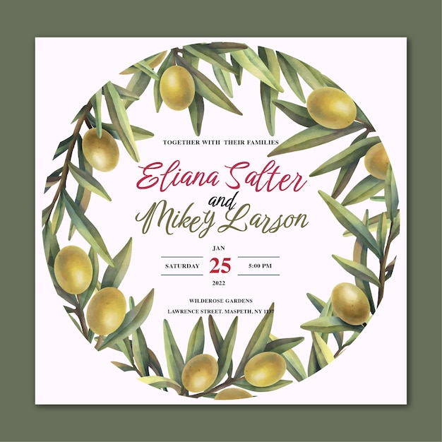 Watercolor wedding invitation card olive branch