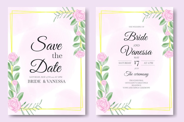 Watercolor Wedding invitation card set template with flowers and leaves