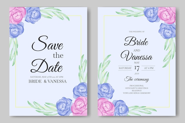 Watercolor Wedding invitation card set template with flowers and leaves