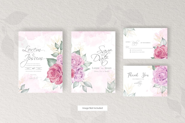 Watercolor wedding invitation card set template with minimalist floral arrangement