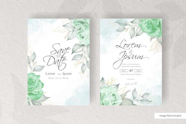 Watercolor wedding invitation card set template with minimalist floral arrangement