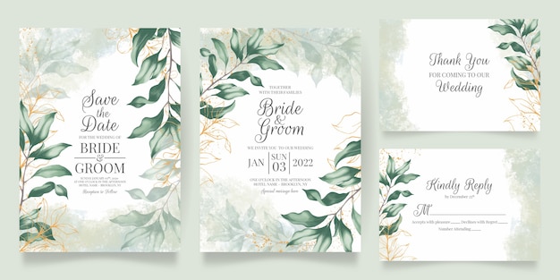 Vector watercolor wedding invitation card template set with floral decoration