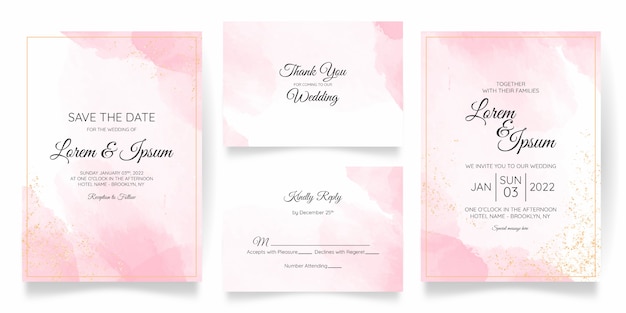 Watercolor wedding invitation card template set with golden floral decoration