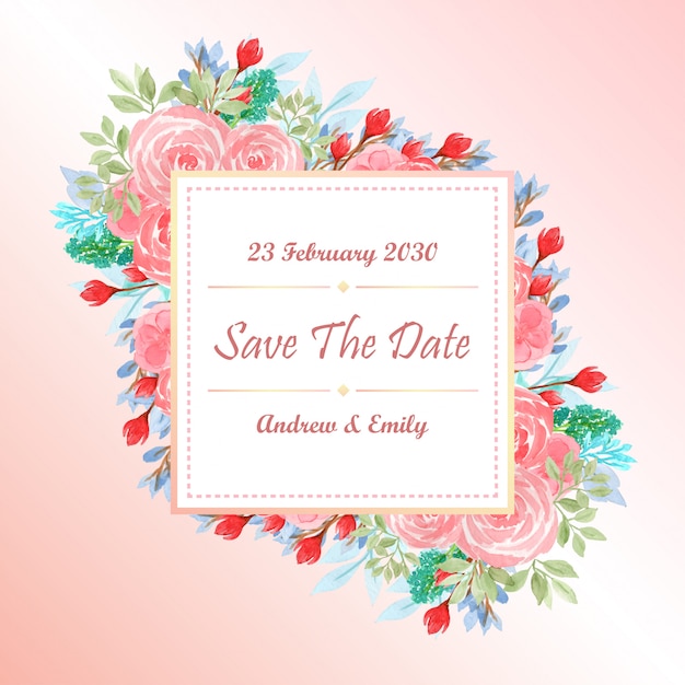 Watercolor wedding invitation card template with pink flowers