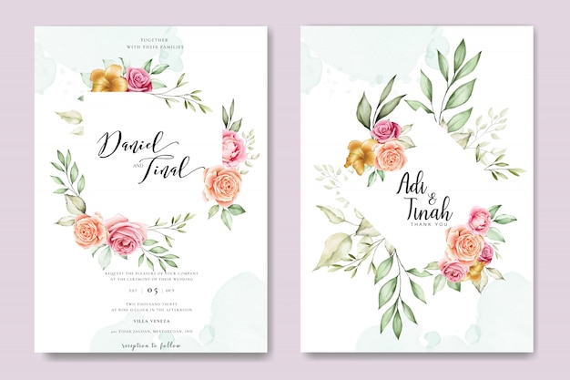 watercolor wedding invitation card with beautiful floral and leaves template