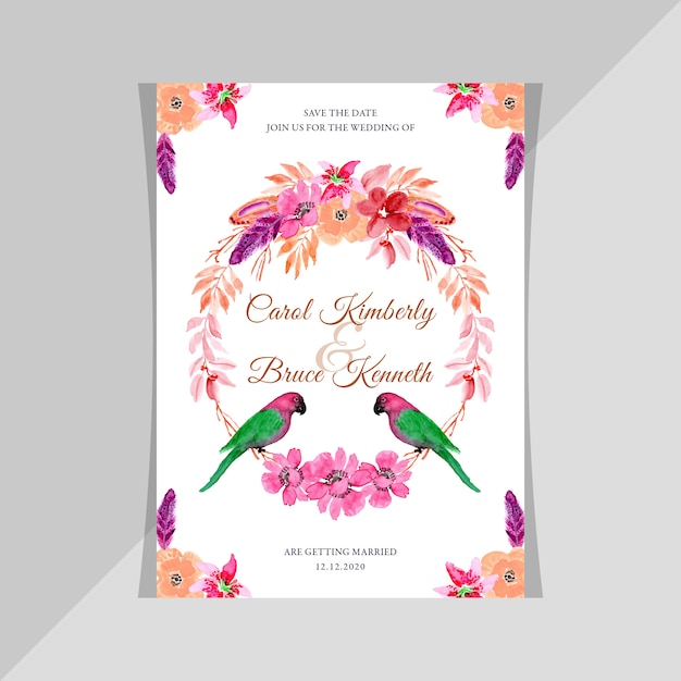 Watercolor wedding invitation card with birds