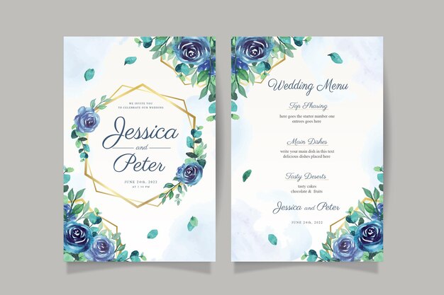青いバラと金色のフレームと水彩の結婚式の招待カード