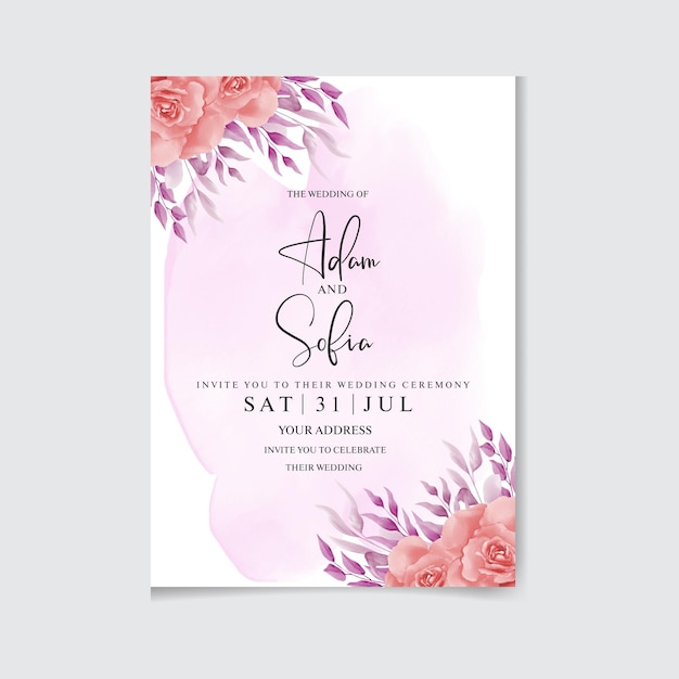 Watercolor wedding invitation card with flower and leaves floral frame