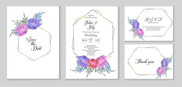 Watercolor wedding invitation card with geometric floral frame