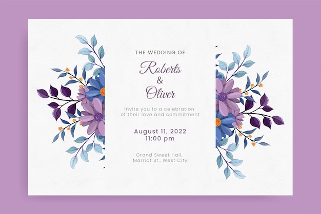 Watercolor wedding invitation card with yellow flowers and leaves