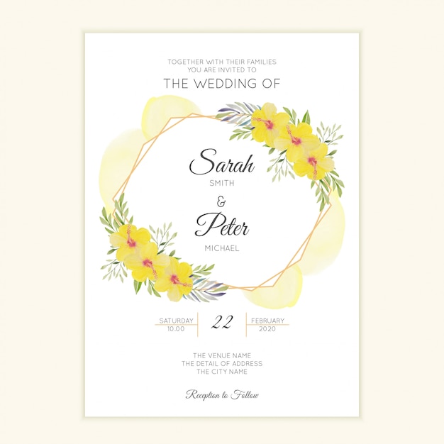 Watercolor wedding invitation card with yellow hibiscus