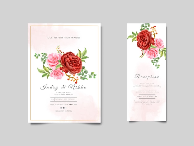 Watercolor wedding invitation cards with adorable flower and leaves