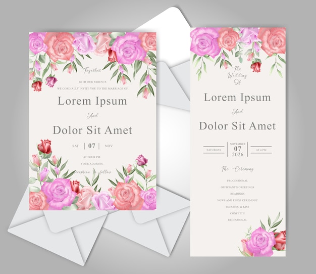 Watercolor Wedding Invitation Cards with Beautiful Roses and Leaves