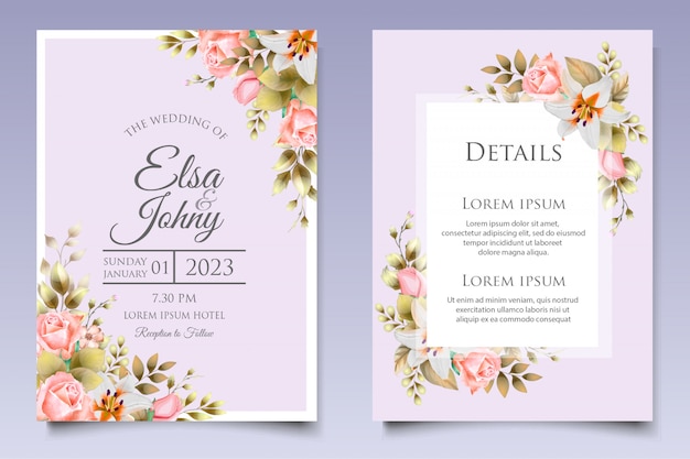 水彩結婚式招待状花と葉カードテンプレート