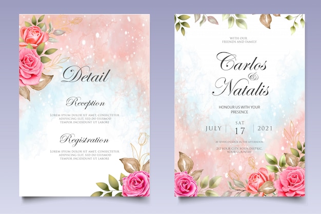 Watercolor wedding invitation floral and leaves card template