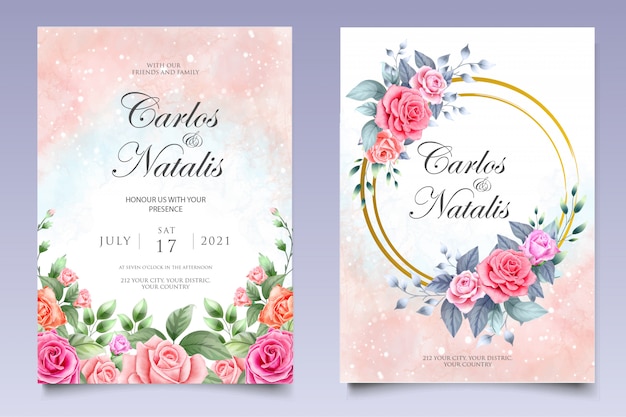 Watercolor wedding invitation floral and leaves card template