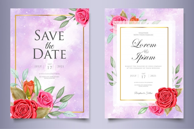 Modello di carta floreale e foglie di invito a nozze dell'acquerello