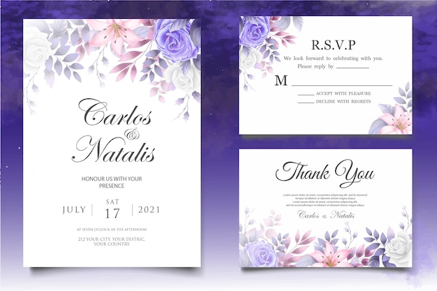 Watercolor wedding invitation floral and leaves card template