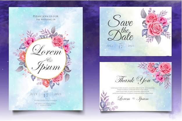 Watercolor wedding invitation floral and leaves card template