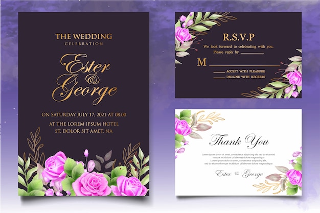 Watercolor wedding invitation floral and leaves card template