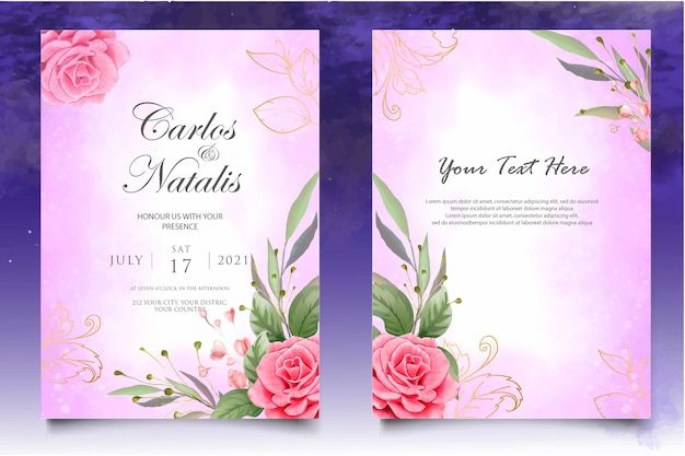 Watercolor wedding invitation floral and leaves card template