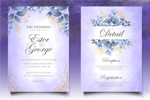 Watercolor wedding invitation floral and leaves card template