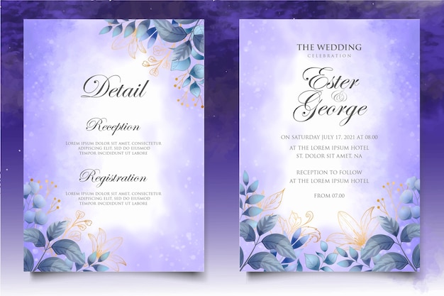 Watercolor wedding invitation floral and leaves card template