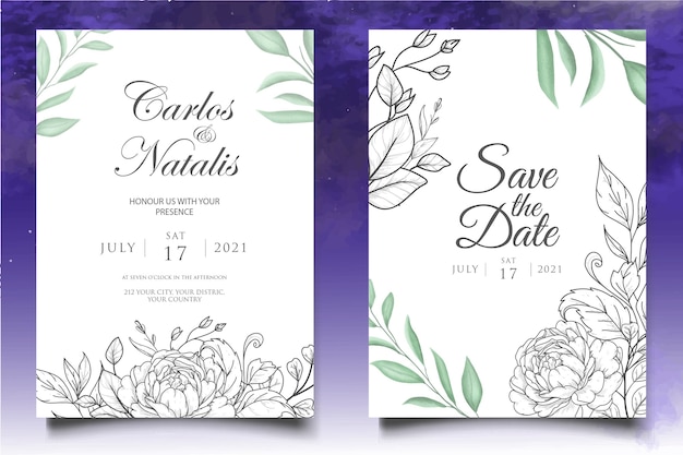 watercolor wedding invitation floral and leaves card template