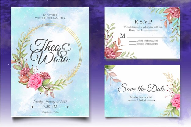 Watercolor wedding invitation floral and leaves card template