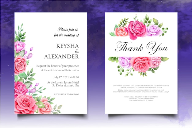 Watercolor wedding invitation floral and leaves card template