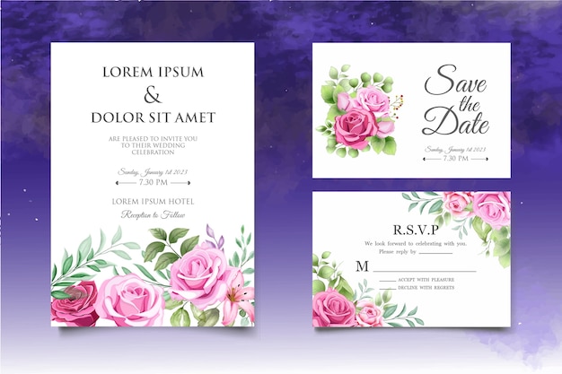 Watercolor wedding invitation floral and leaves card template