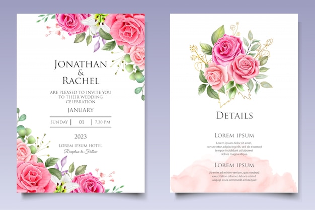 Watercolor wedding invitation floral and leaves card template