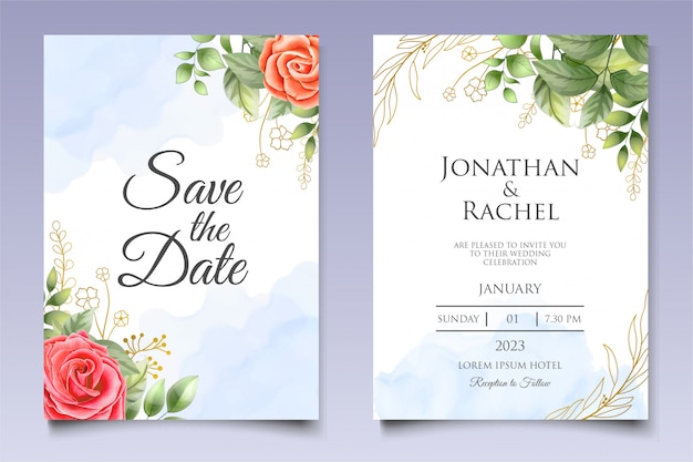 Vector watercolor wedding invitation floral and leaves card template