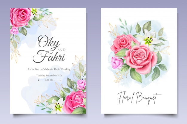 Watercolor wedding invitation floral and leaves card template