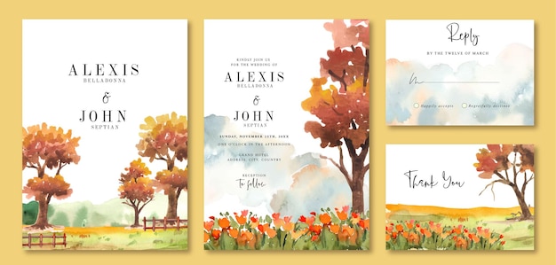 Vector watercolor wedding invitation of garden with orange autumn trees