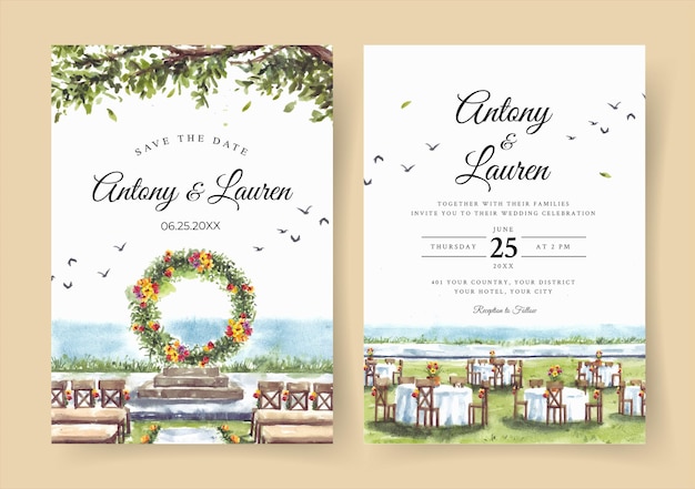 Vector watercolor wedding invitation of nature landscape with beautiful wedding gate view