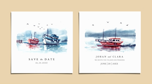 Watercolor wedding invitation of nature landscape with boat on sea