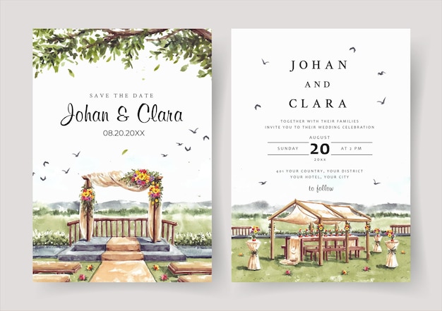 Watercolor wedding invitation of nature landscape with gold wedding gate view