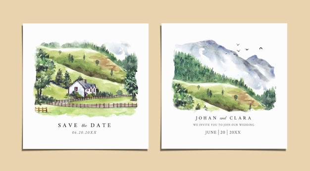 Watercolor wedding invitation of nature landscape with house and mountain