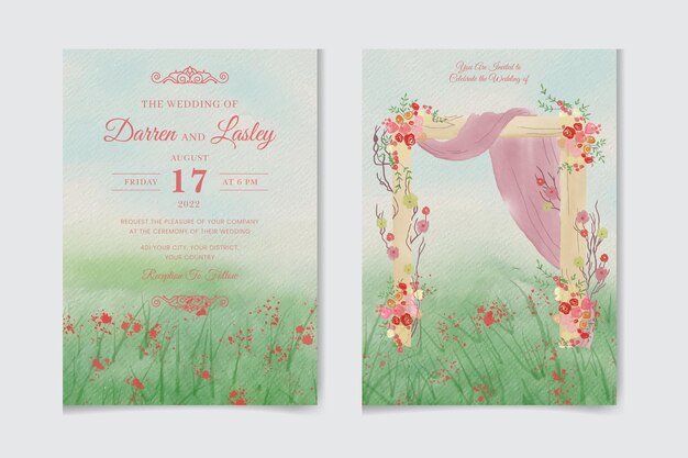 結婚式のカップルのゲートビュープレミアムベクトルと自然の風景の水彩画の結婚式の招待状