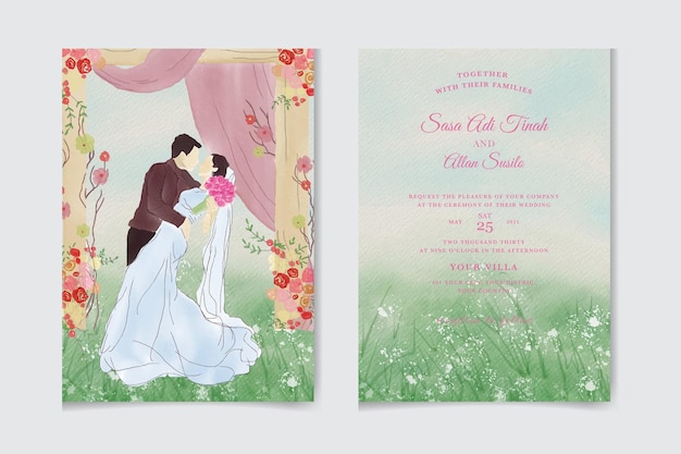 Watercolor wedding invitation of nature landscape with wedding couple gate view Premium Vector