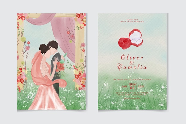 Watercolor wedding invitation of nature landscape with wedding couple gate view Premium Vector