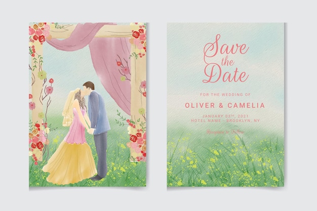 Watercolor wedding invitation of nature landscape with wedding couple gate view Premium Vector