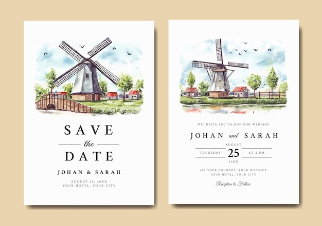 風車と家と自然の風景の水彩画の結婚式の招待状