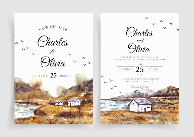 Watercolor wedding invitation set of nature landscape with house and lake