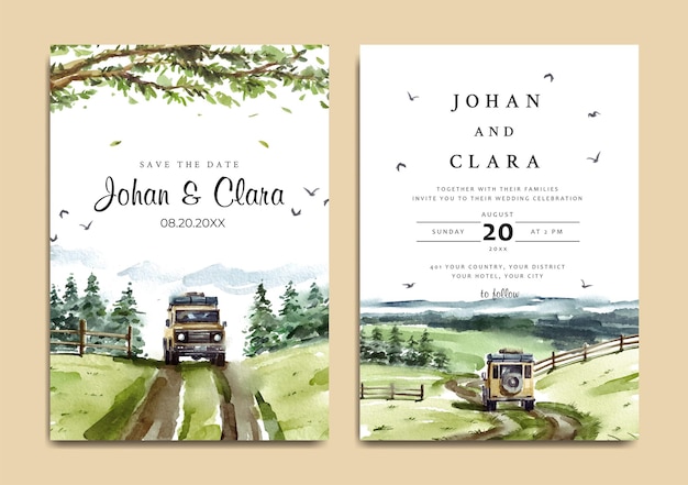 Watercolor wedding invitation set of road trip