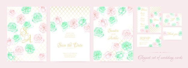 Watercolor wedding invitation set with elegant rose frames