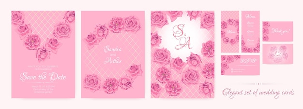 Watercolor wedding invitation set with elegant roses frames