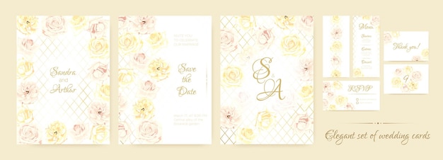 Watercolor wedding invitation set with elegant roses frames