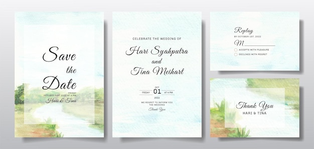 Vector watercolor wedding invitation set with sky and river landscape